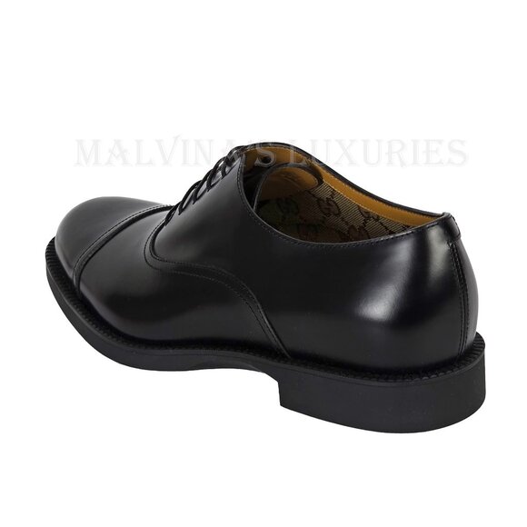 GUCCI SHOES MENS BLACK LEATHER TEMPE CAP OXFORD GG LOGO LINING sz 8 US 8.5 main image 14